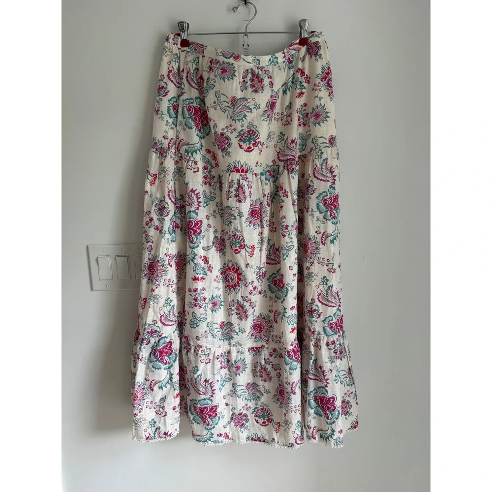 Universal Thread Cream Floral Tiered Cotton Midi Skirt Lace Trim Large NEW